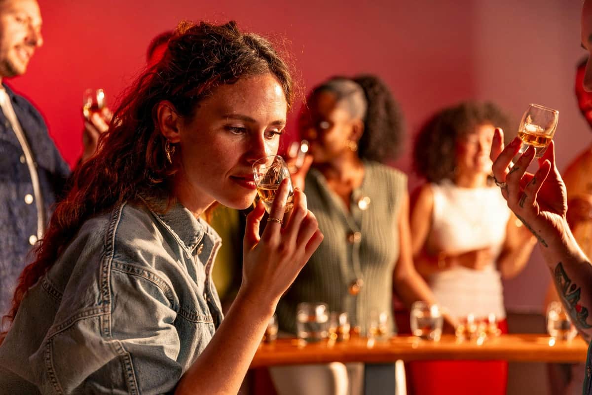 Une femme qui hume une boisson dans un verre, entourée d'autres personnes debout, un verre à la main, dans un décor baigné d'une lumière chaleureuse.