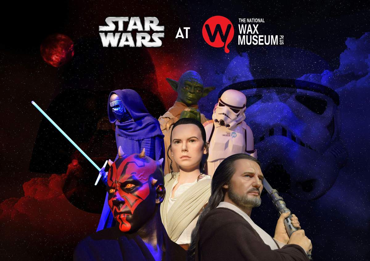 Wax figures of Star Wars characters are displayed against a starry background. Text reads "Star Wars at the National Wax Museum Plus."